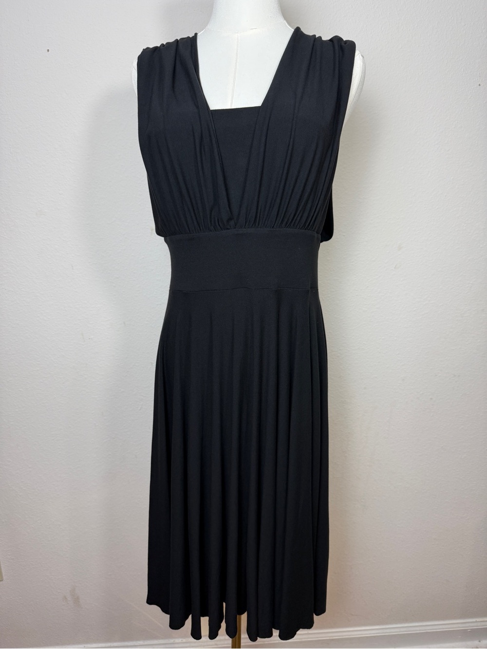 White House Black Market Convertible Dress 12 Black Rayon Midi Multi-Way Ruched